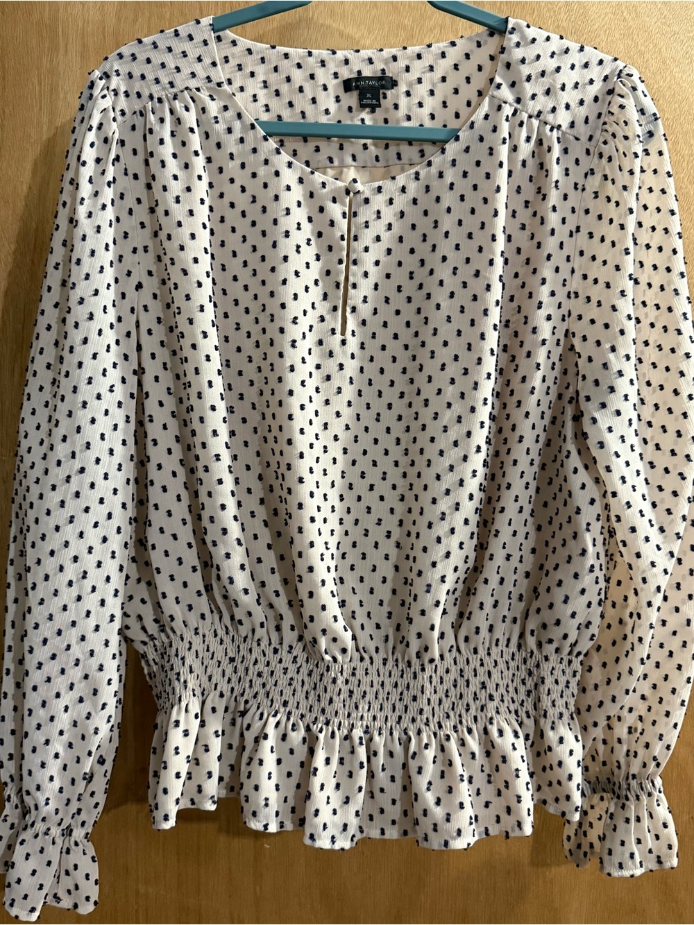 Ann Taylor Cream Blouse with Navy Dot Pattern and Smocked Waist